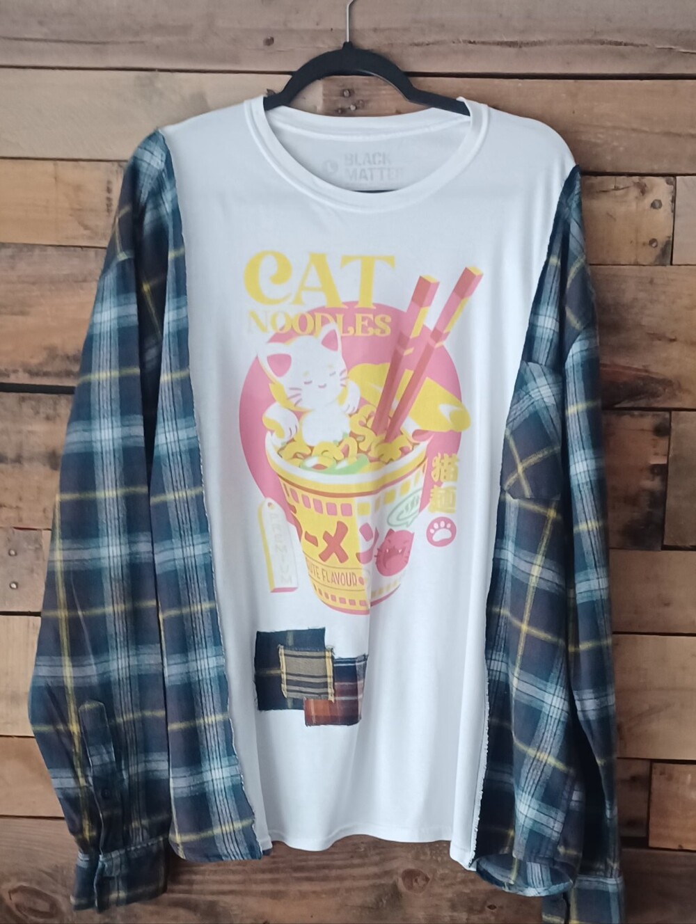 Upcycled Black Matter White Cat Noodles Tee with Blue Plaid Sleeves
